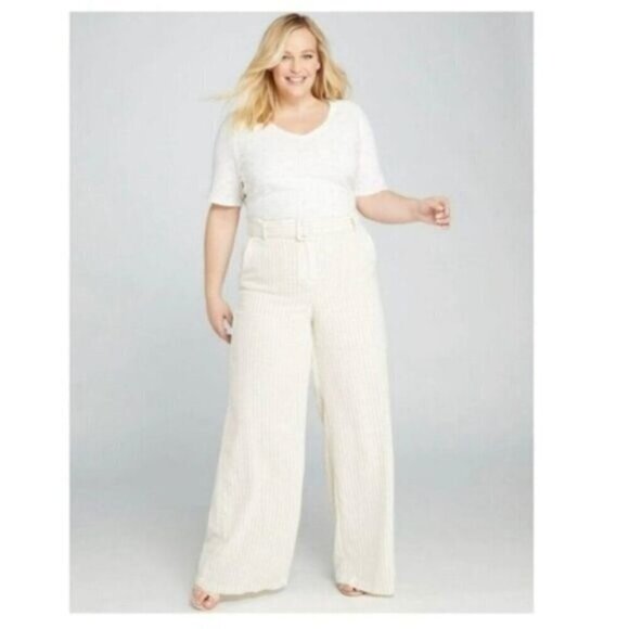 Lane Bryant Linen Pinstripe Trousers High Rise Wide Leg Belted Flare Pants NEW - Picture 11 of 11